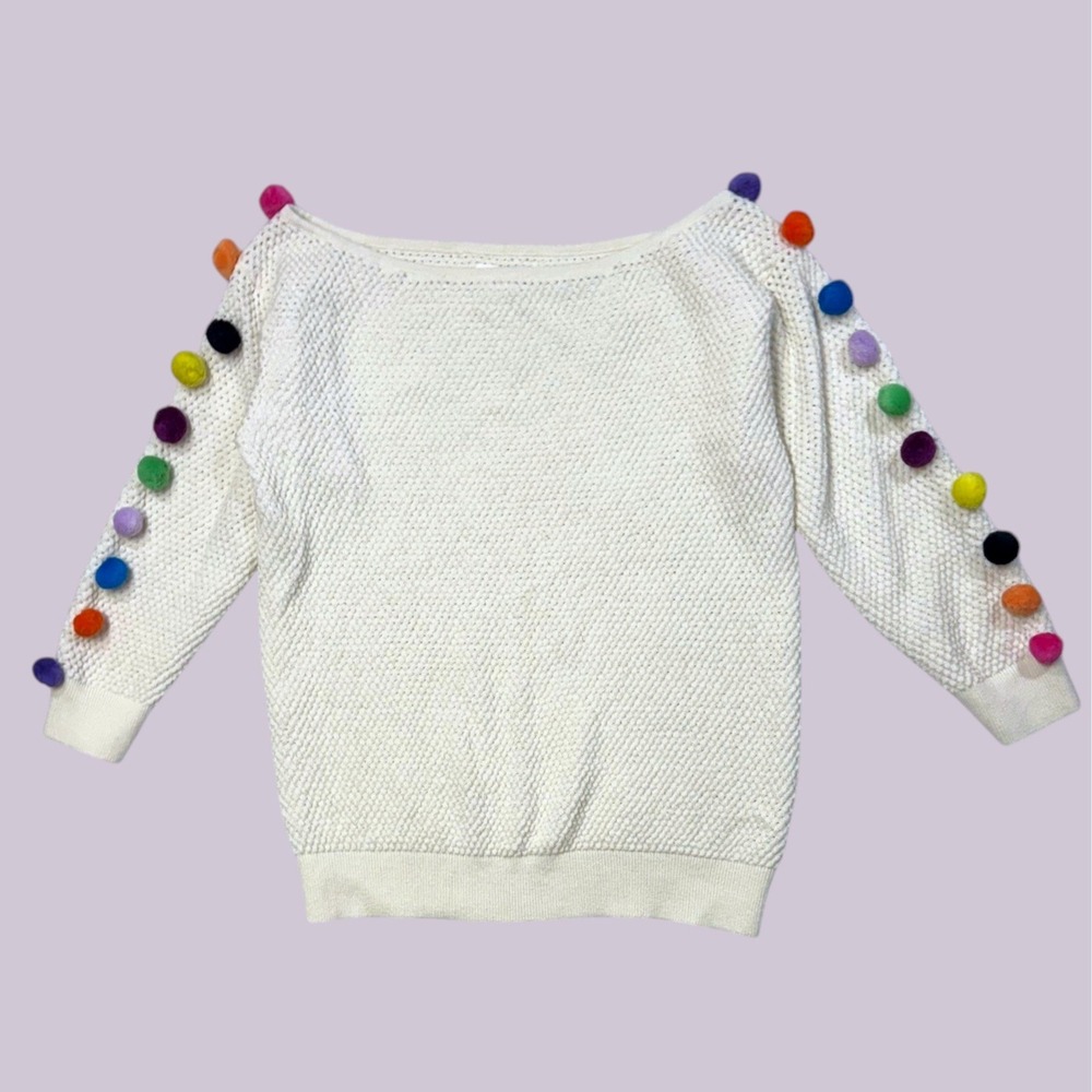 Anthropologie S Emilia Pom Sweater Textured Knit Cream Rainbow Pride Whimsy $120 - Picture 2 of 7